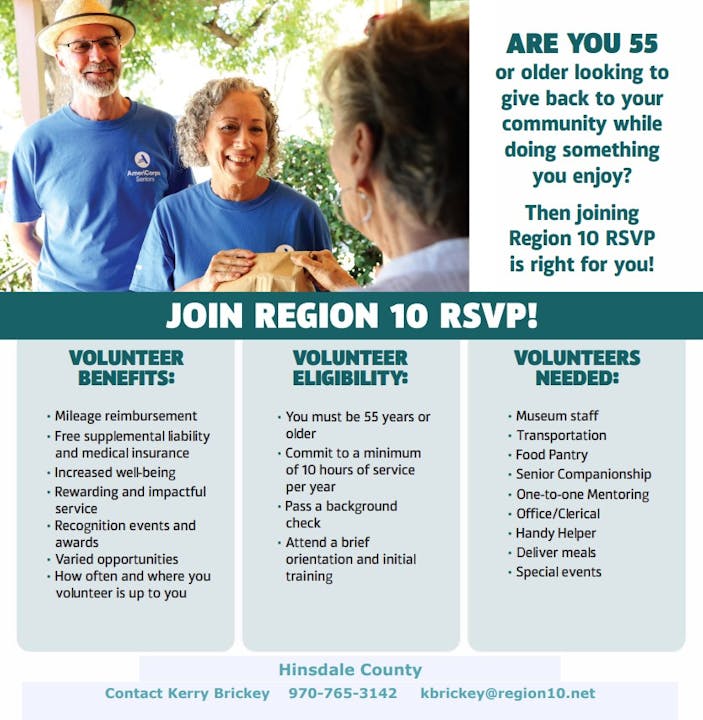Region 10 RSVP volunteer recruitment for 55+, offering benefits and opportunities in various roles. Contact: Kerry Brickey.