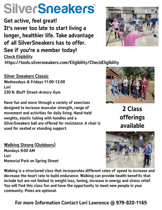 SilverSneakers offers fitness classes for older adults: "Silver Sneakers Classic" and "Walking Strong." Check eligibility and contact info provided.
