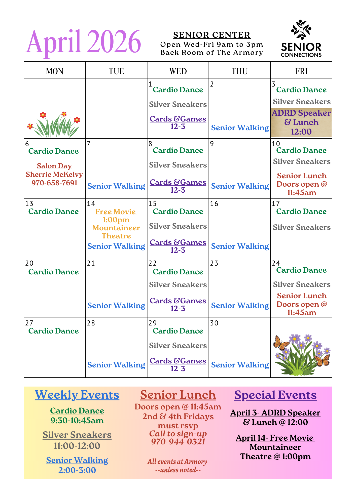 The image displays a schedule for a senior center in April 2026, featuring events like Cardio Dance and Senior Lunch.