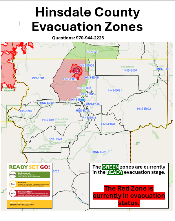 Map showing Hinsdale County evacuation zones. Red zone is in evacuation status; green zones are in the ready stage.