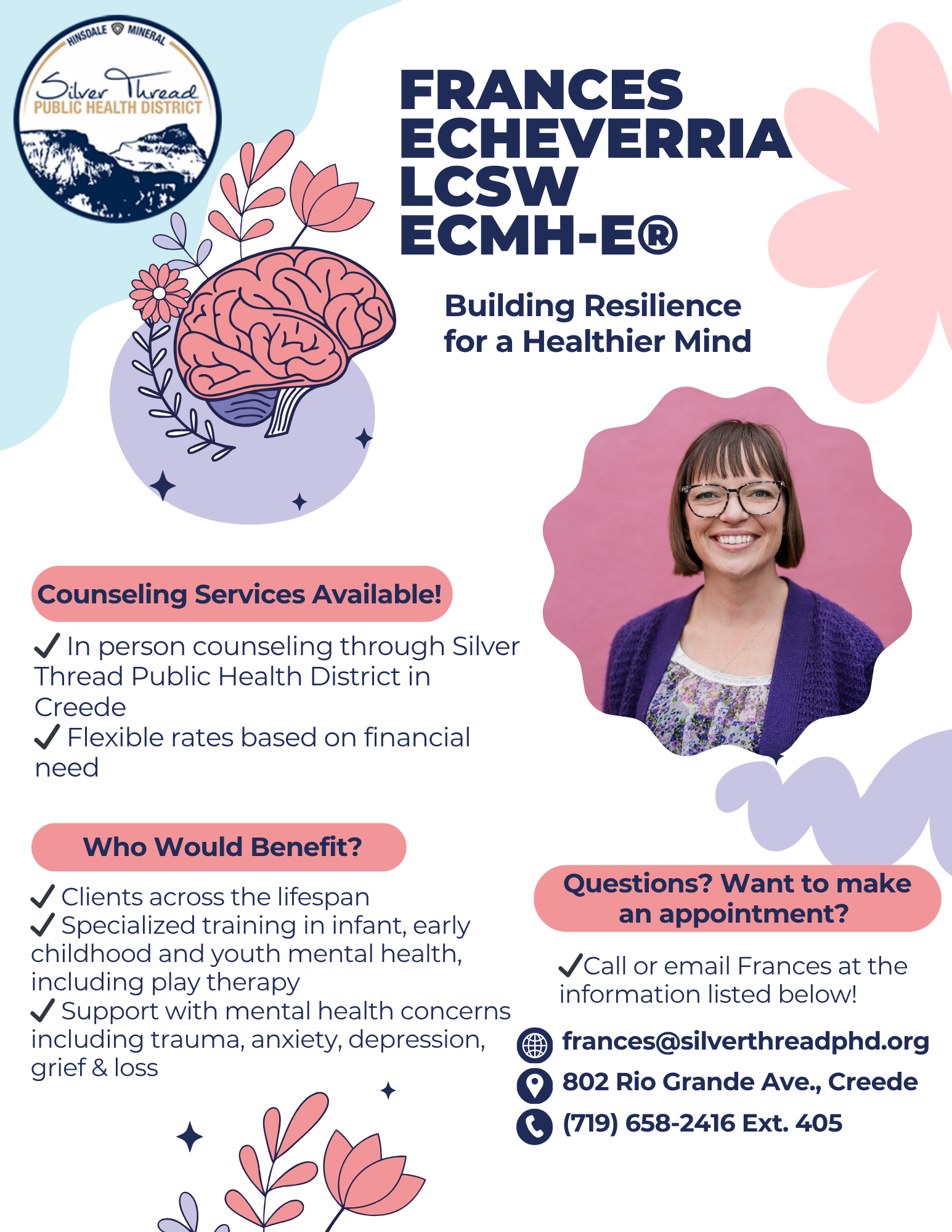 Frances Echeverria offers mental health counseling in Creede, with flexible rates for all ages. Contact info provided.