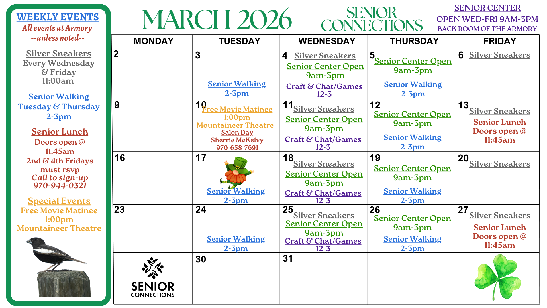March 2026 schedule for Senior Connections: events include Silver Sneakers, Senior Walking, lunch, and a free movie matinee.