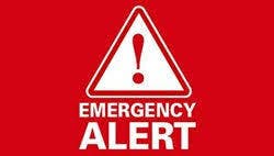 A red background with a triangle containing an exclamation mark, labeled "EMERGENCY ALERT."