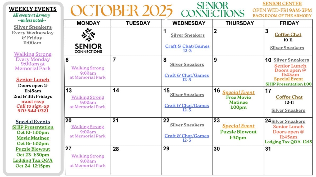 October 2025 calendar for “Senior Connections” with events like Silver Sneakers, Walking Strong, crafts, and special events.