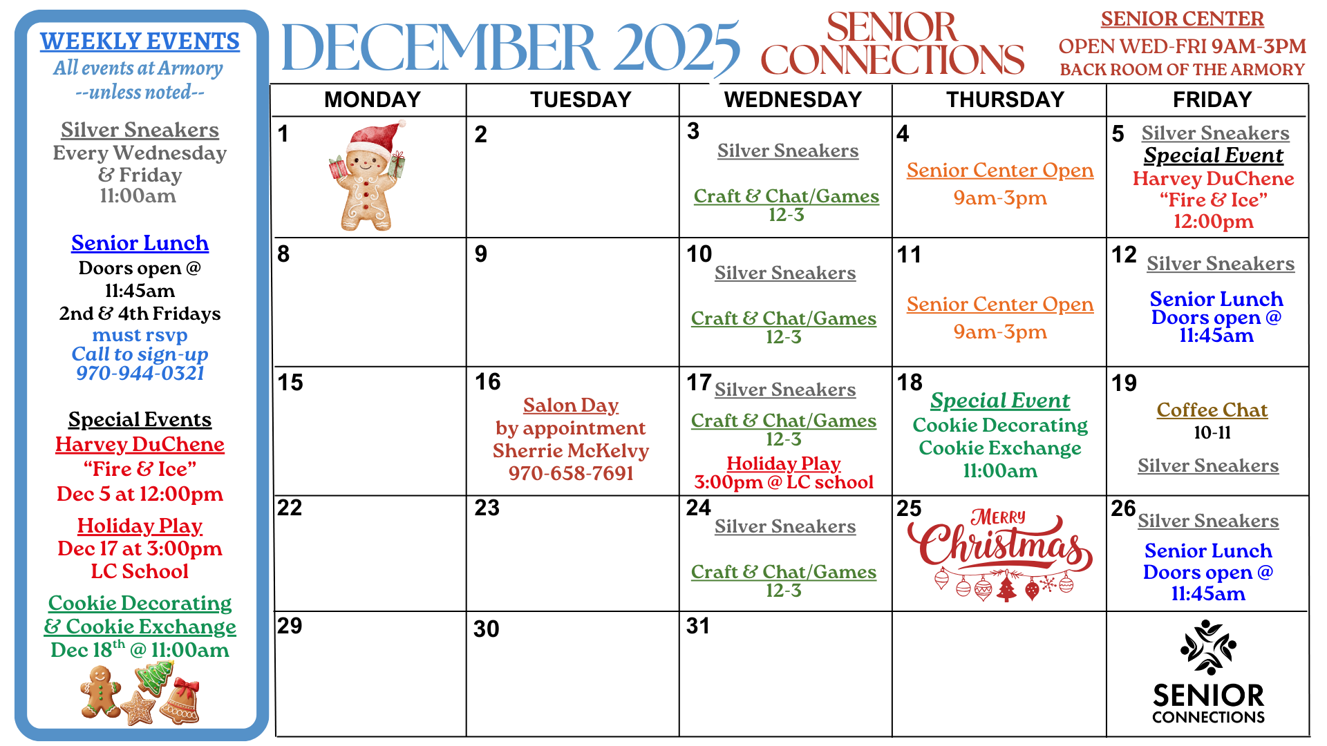 December 2025 calendar for Senior Connections: events include Silver Sneakers, senior lunches, and special holiday activities.