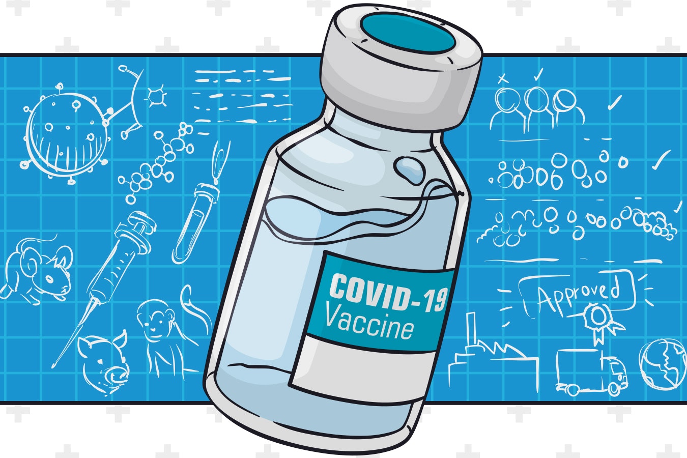 A stylized illustration of a COVID-19 vaccine vial with various related doodles in the background.