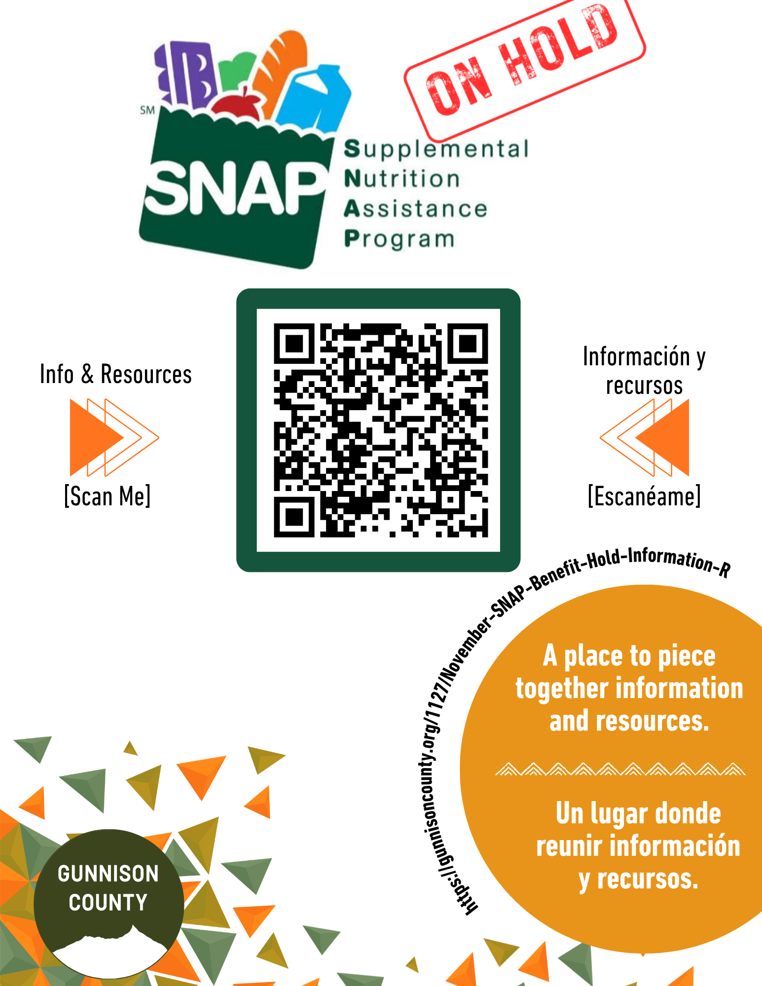 SNAP assistance on hold, info via QR code. Gunnison County resources in English/Spanish.