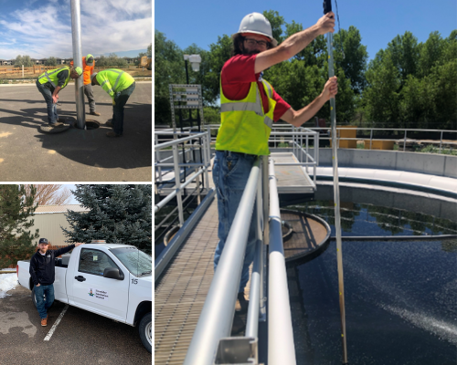 Workers at a water treatment facility, performing maintenance and inspections.