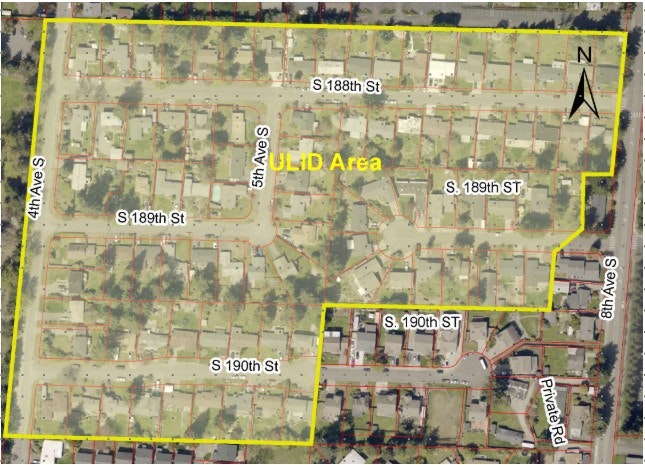 Aerial map showing a residential area labeled "ULID Area" with streets and a boundary highlighted in yellow.