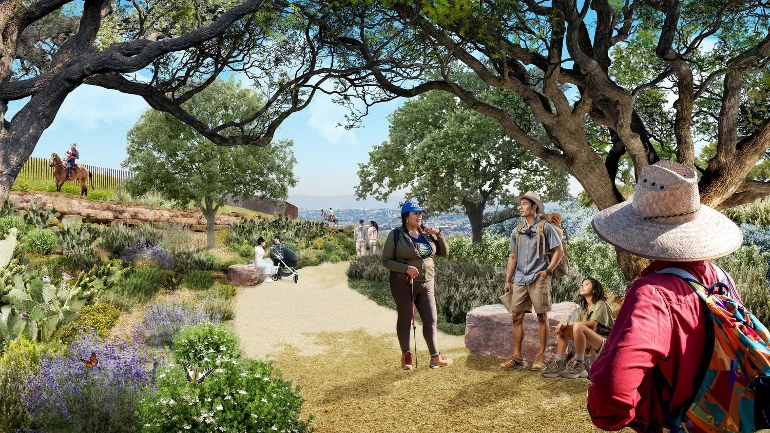 A vibrant outdoor space with people enjoying nature, greenery, and paths, featuring activities like horseback riding and walking.