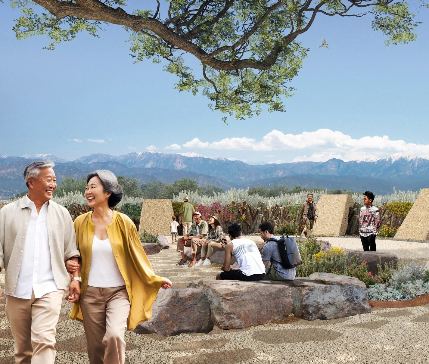 A serene outdoor space with people enjoying nature, featuring mountains, plants, walking paths, and rock seating areas.