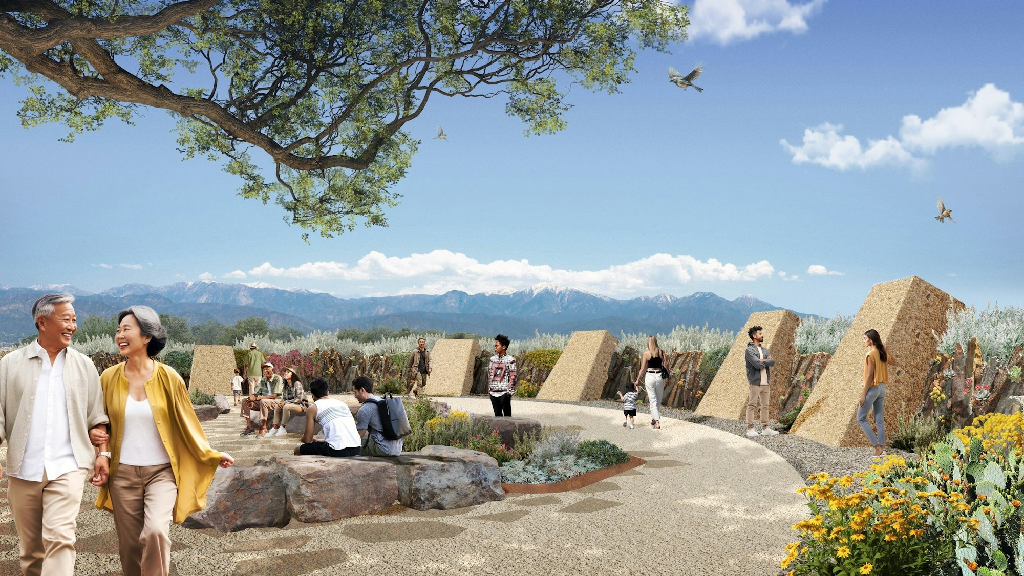 A serene outdoor space with people enjoying nature, featuring mountains, plants, walking paths, and rock seating areas.