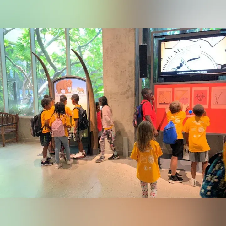 A group of children in yellow shirts engages with an educational exhibit featuring animals and interactive displays.
