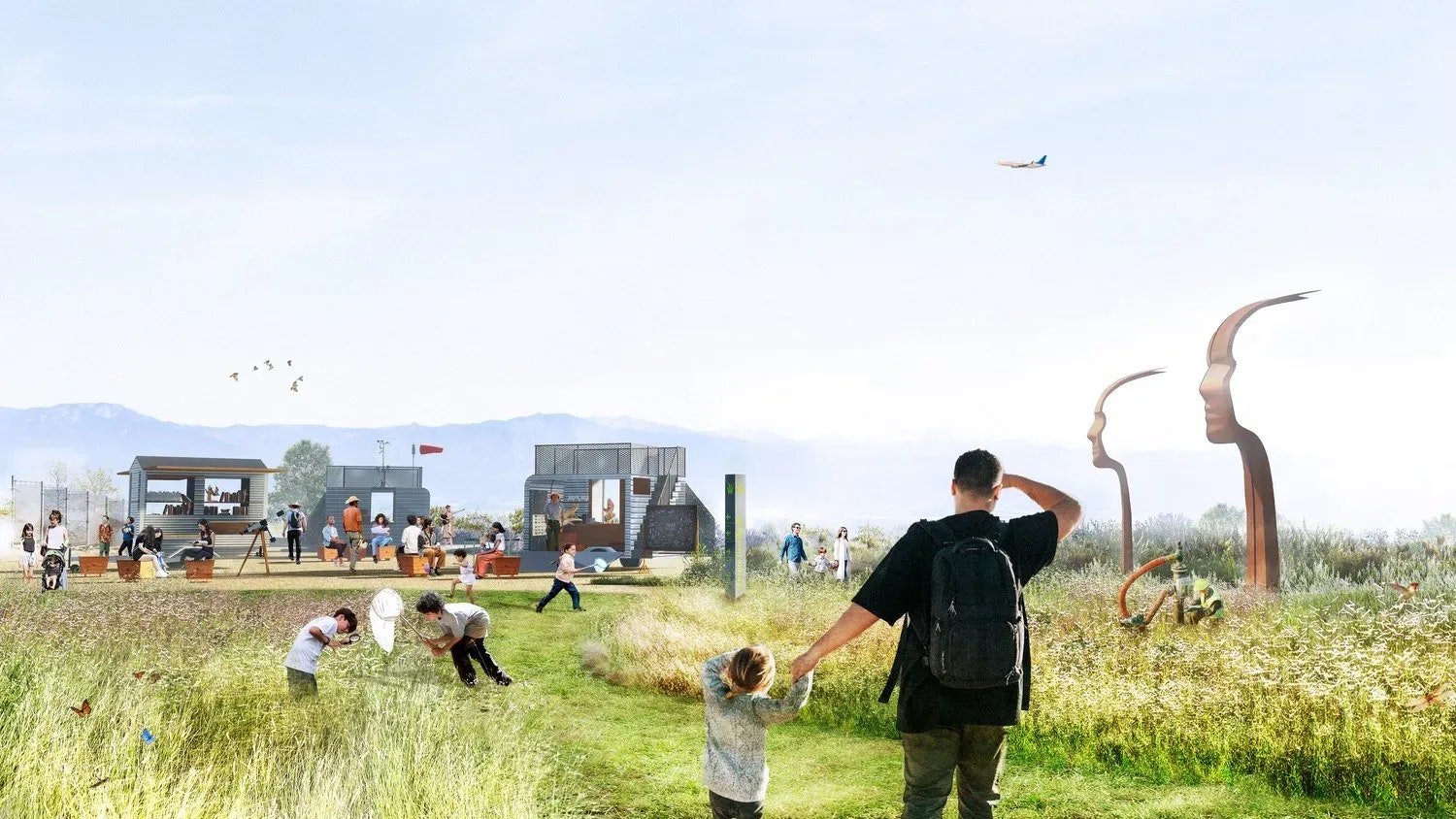 A park scene with families playing, modern sculptures, an airplane in the sky, and people engaging in various activities.