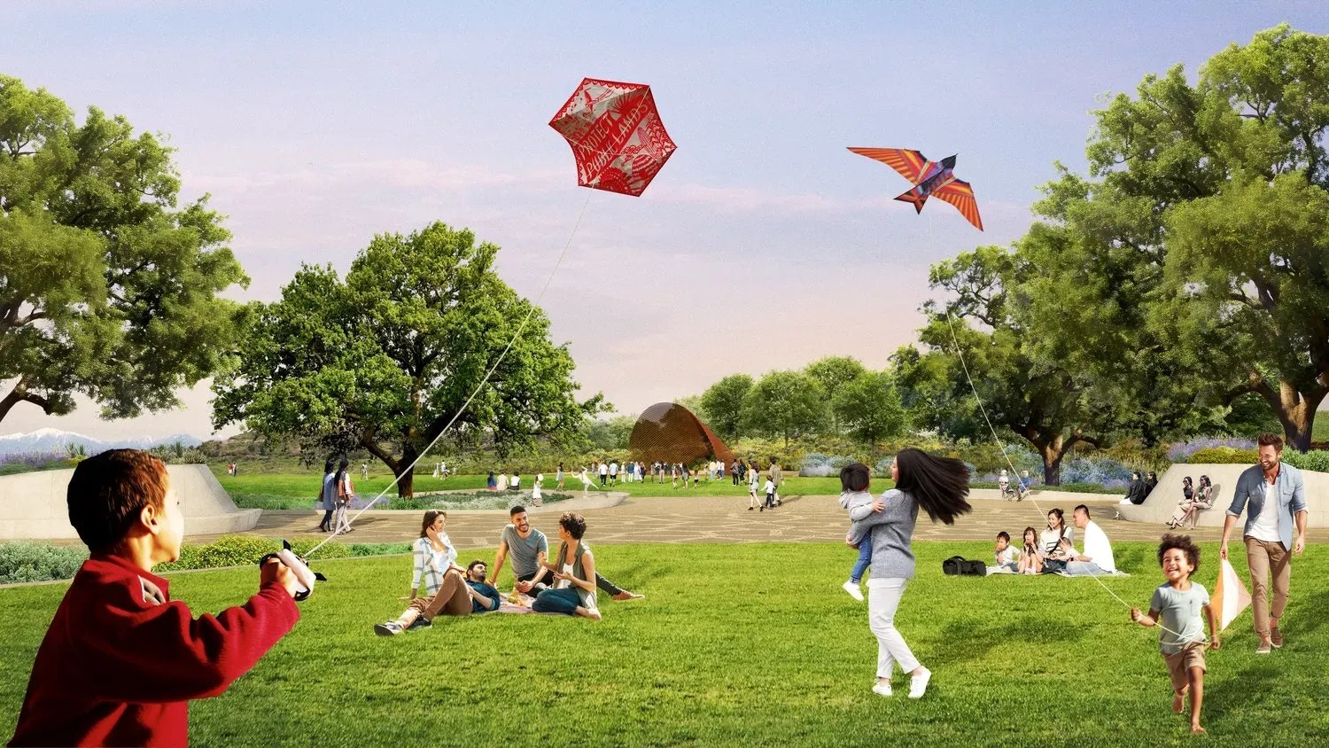 A vibrant park scene with families flying kites, picnicking, and enjoying the outdoors among trees and greenery.