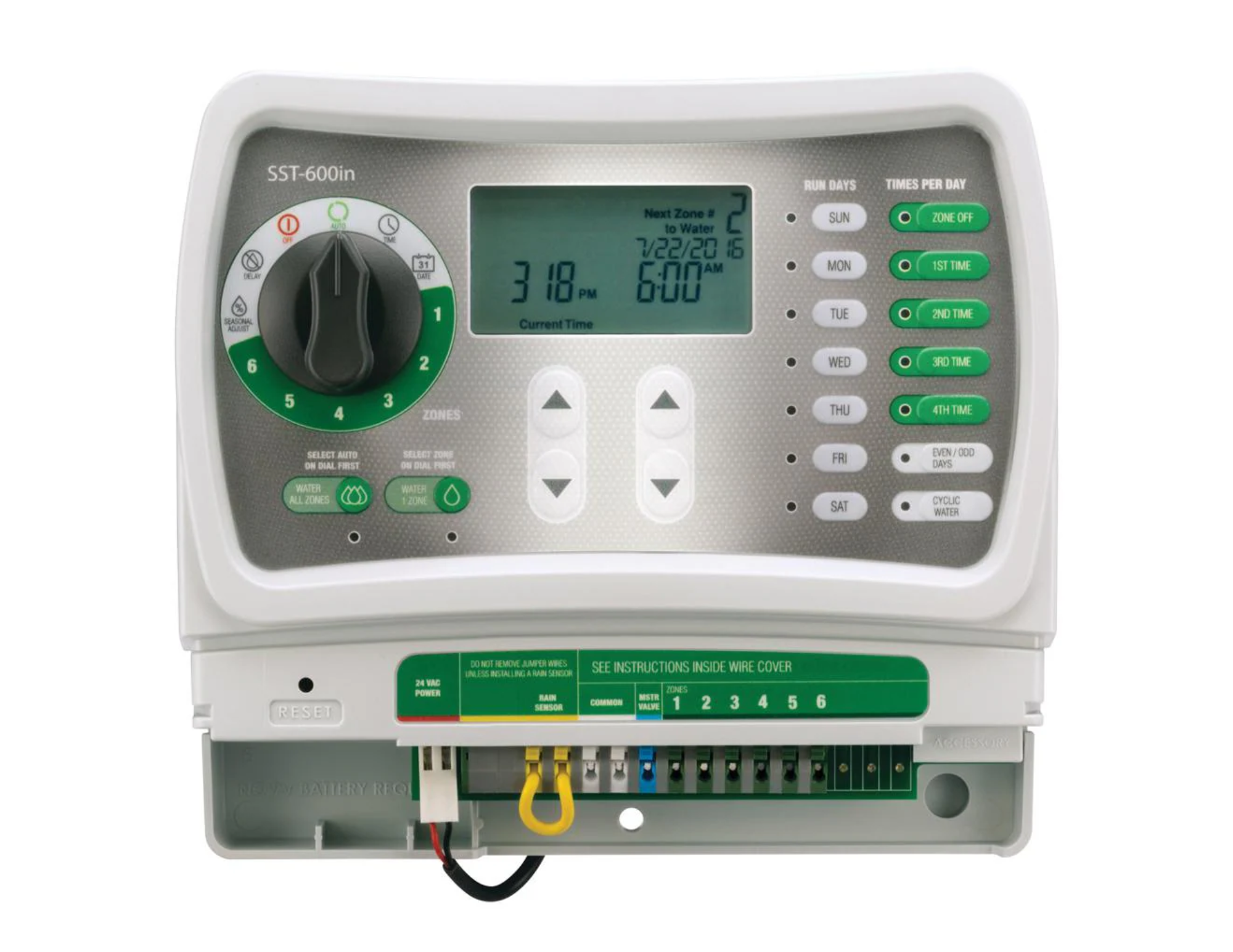 A digital irrigation system controller with a rotary dial, buttons, and display for setting watering zones and schedules.