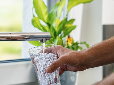 A hand fills a glass with water from a modern faucet, with green plants visible in the background.