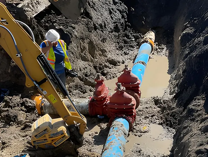Construction worker inspecting exposed blue and red pipes in a muddy trench with excavation equipment nearby.