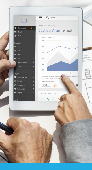 A person is using a tablet to view a business chart interface, displaying graphs and dashboard statistics.