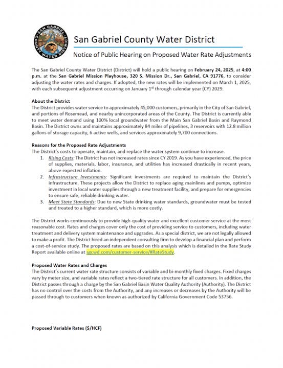 Public hearing on February 24, 2025, to discuss proposed water rate adjustments by San Gabriel County Water District.
