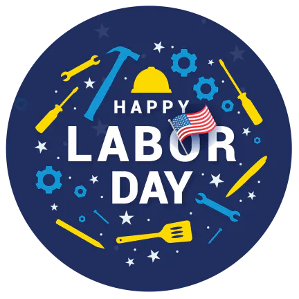 A festive graphic celebrating Labor Day, featuring tools, gears, and an American flag, with "Happy Labor Day" prominently displayed.