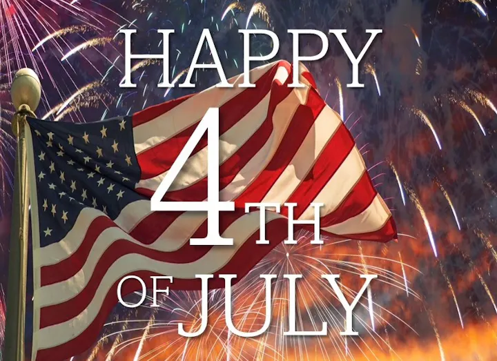 An American flag with fireworks in the background, featuring text that says "Happy 4th of July."