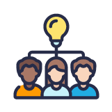 Three people connected by a light bulb, symbolizing ideas or collaboration.