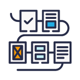 The image depicts a flow of documents or tasks, some marked as completed, highlighting an organized workflow or process.