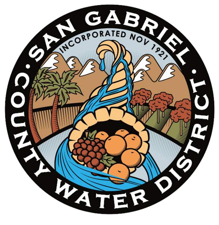 The image is a seal of the San Gabriel County Water District, featuring water, fruits, mountains, and palm trees, incorporated in 1921.