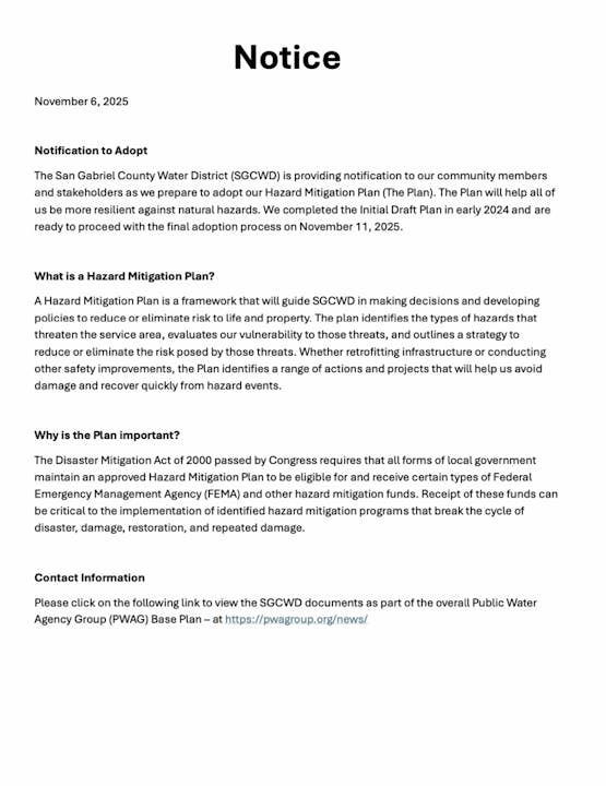 The San Gabriel County Water District plans to adopt a Hazard Mitigation Plan to enhance community resilience against natural hazards.