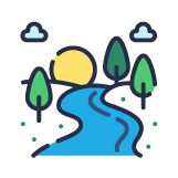 A stylized landscape featuring a river, trees, a yellow sun, and clouds.