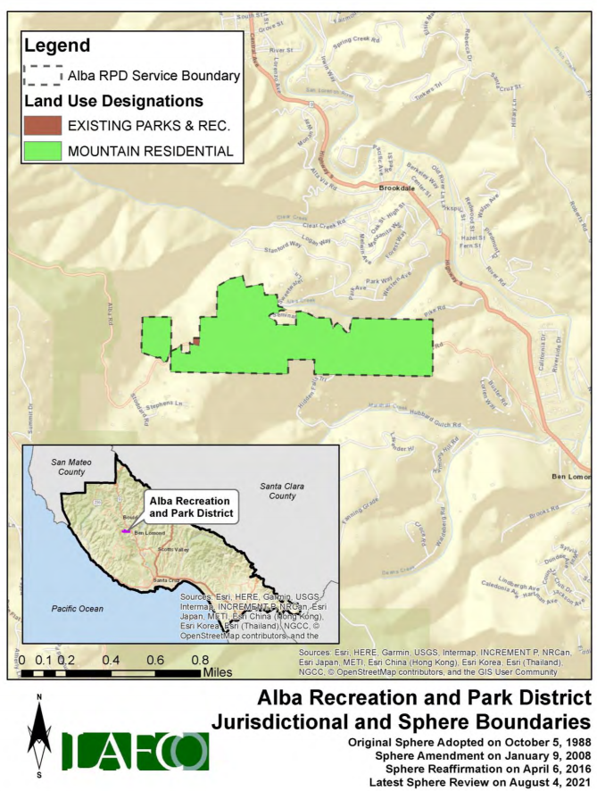 Map showing the Alba Recreation and Park District boundaries, highlighting parks and mountain residential areas in San Mateo and Santa Clara counties.