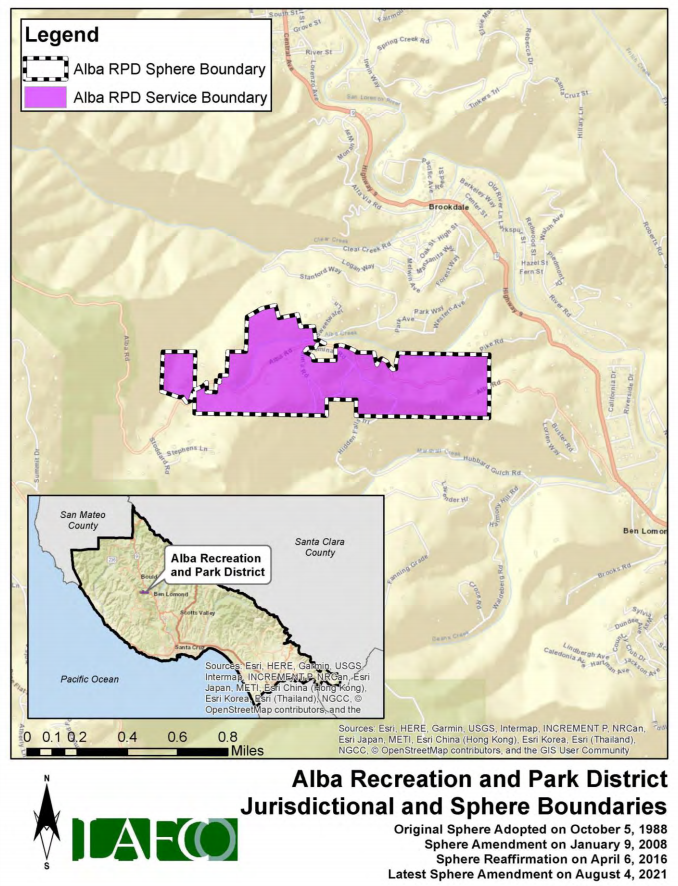 The image is a map showing the boundaries of the Alba Recreation and Park District, including its service area and jurisdictional boundaries.