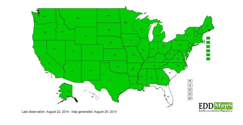 A color-coded map of the United States with a legend, indicating data collected and generated by EDDMapS.
