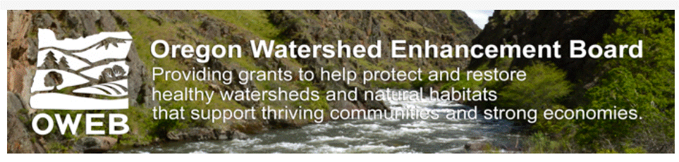 Oregon Watershed Enhancement Board logo with a river and message about grants for watershed and habitat restoration.