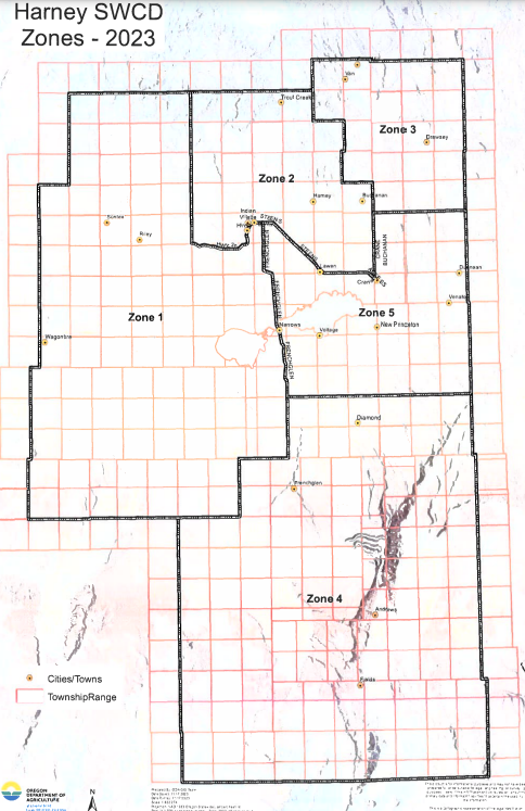 A map displaying "Harney SWCD Zones - 2023" with five distinct zones, town locations, and grid lines for townships and ranges.