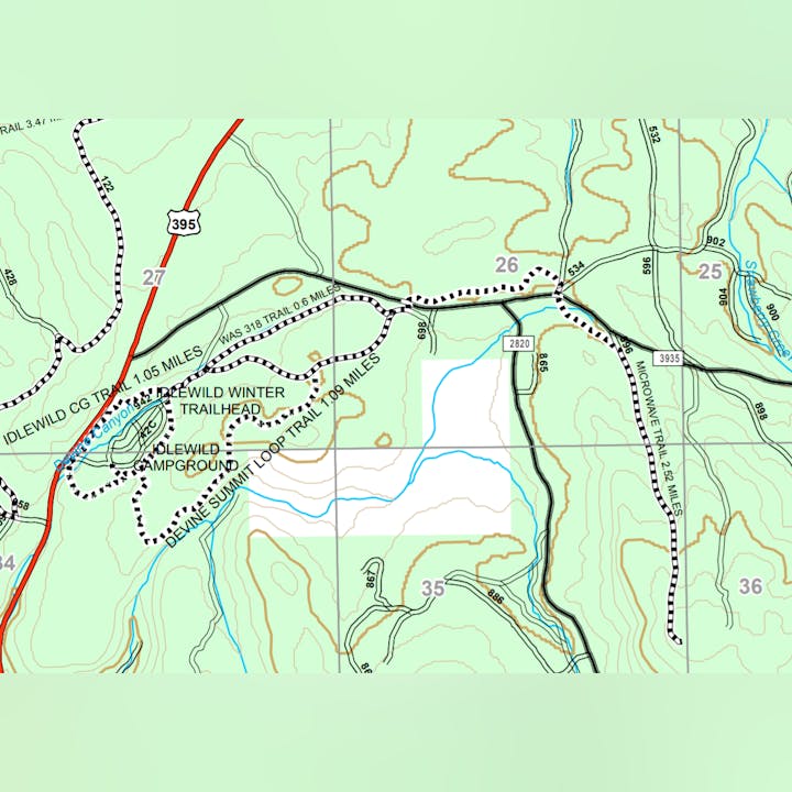 A map segment showing trails, a highway (395), campground, and a trailhead with distance markers and topography.