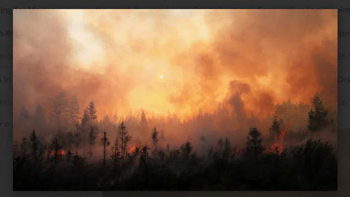 The image depicts a forest engulfed in flames and smoke, illuminated by a setting sun, creating a dramatic and eerie atmosphere.