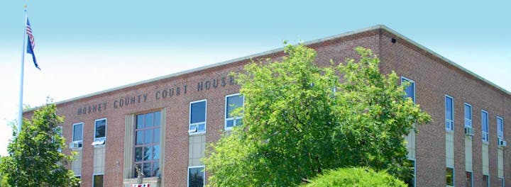 A brick courthouse with trees and a US flag.