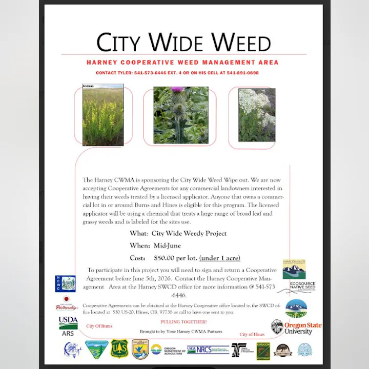 Advertisement for the City Wide Weed Project in Harney County, offering weed treatment for commercial landowners. $50 per lot.