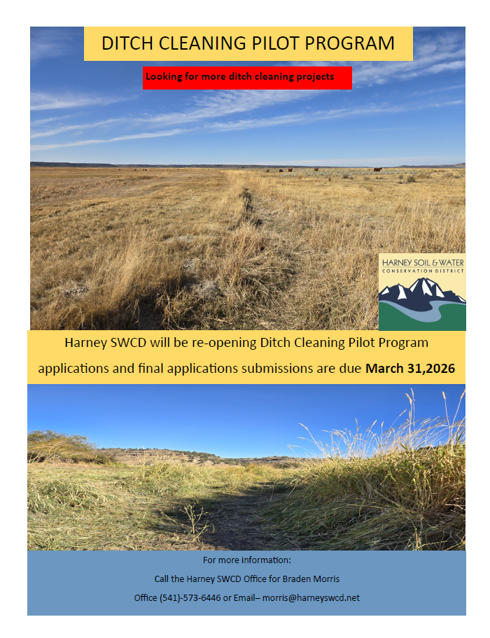 The image promotes the Harney SWCD's Ditch Cleaning Pilot Program, inviting project applications due by March 31, 2026.