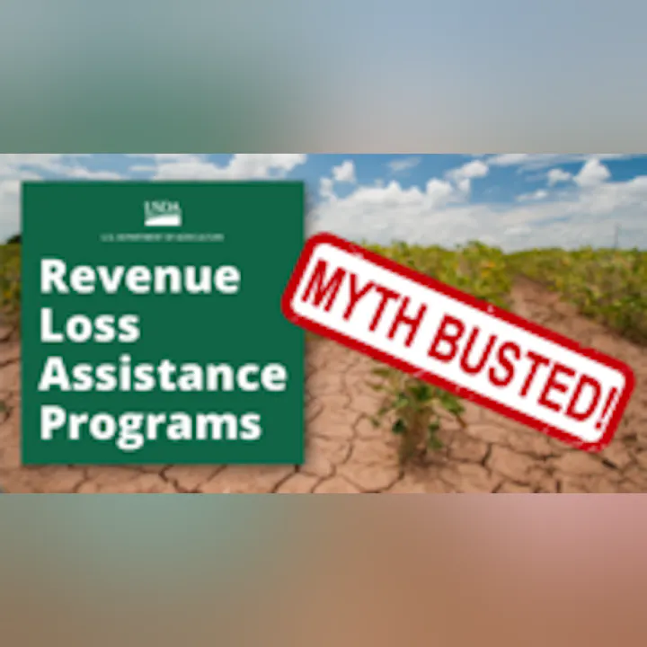 Sign about "Revenue Loss Assistance Programs" with a "MYTH BUSTED" stamp, set against a dry, cracked soil background.
