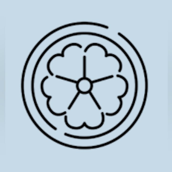 A line drawing of a flower inside a circle.