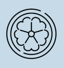 A line drawing of a flower inside a circle.