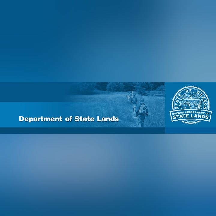 A banner with "Department of State Lands" text and a logo for the Oregon Department of State Lands, featuring hikers on a trail.