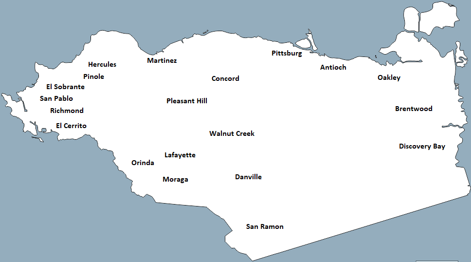 Map of Contra Costa County, California showing various cities and towns labeled.