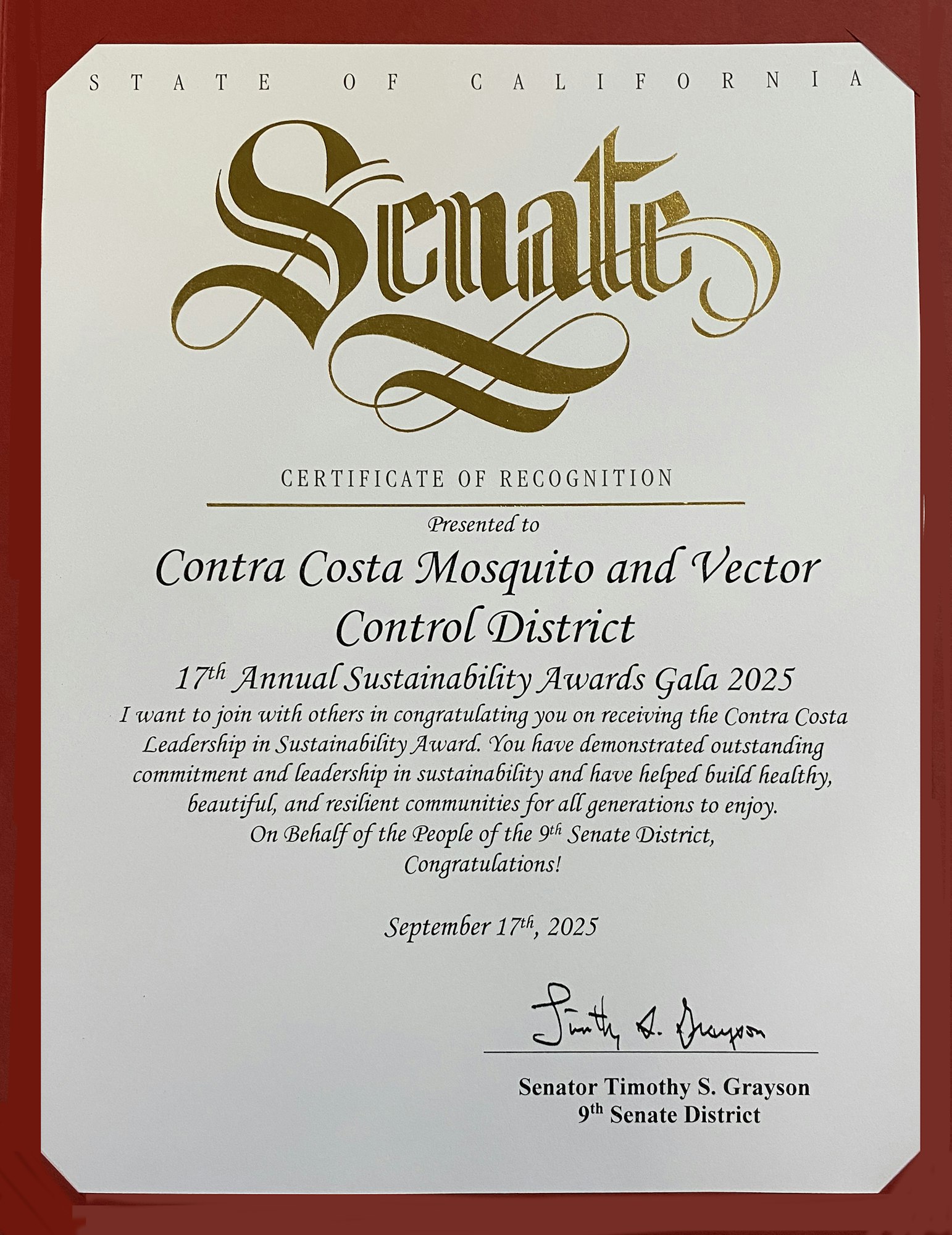 Certificate recognizing Contra Costa Mosquito and Vector Control District for sustainability leadership, dated September 17, 2025.