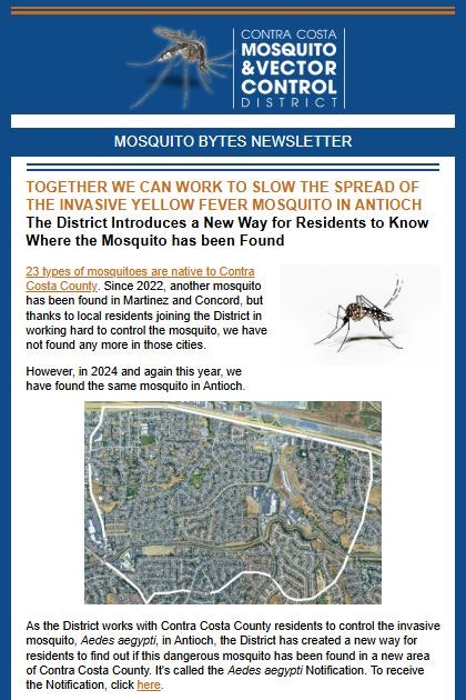 Mosquito Bytes newsletter about controlling the spread of yellow fever mosquitoes in Antioch, with resident involvement and alert system.