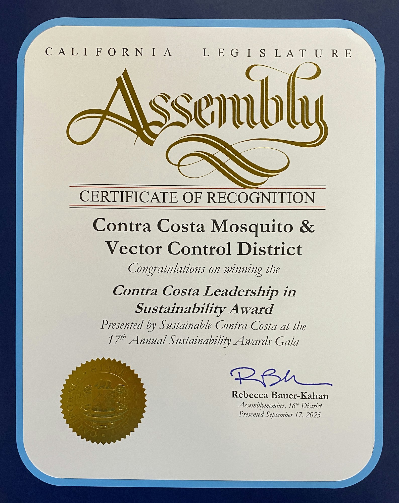 Certificate of Recognition for Contra Costa Mosquito & Vector Control District, from California Legislature Assembly.