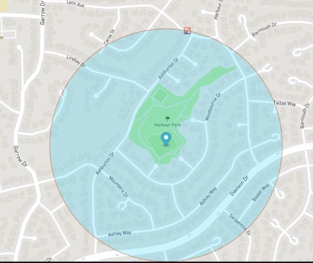 The image shows a map highlighting Harbour Park and its surrounding neighborhood with a blue circular area.